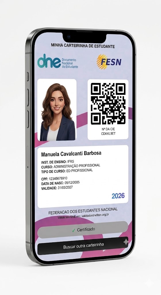 Mockup da carteirinha de estudante digital DNE no celular