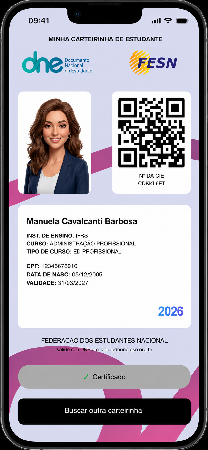 Modelo da carteirinha de estudante DNE digital